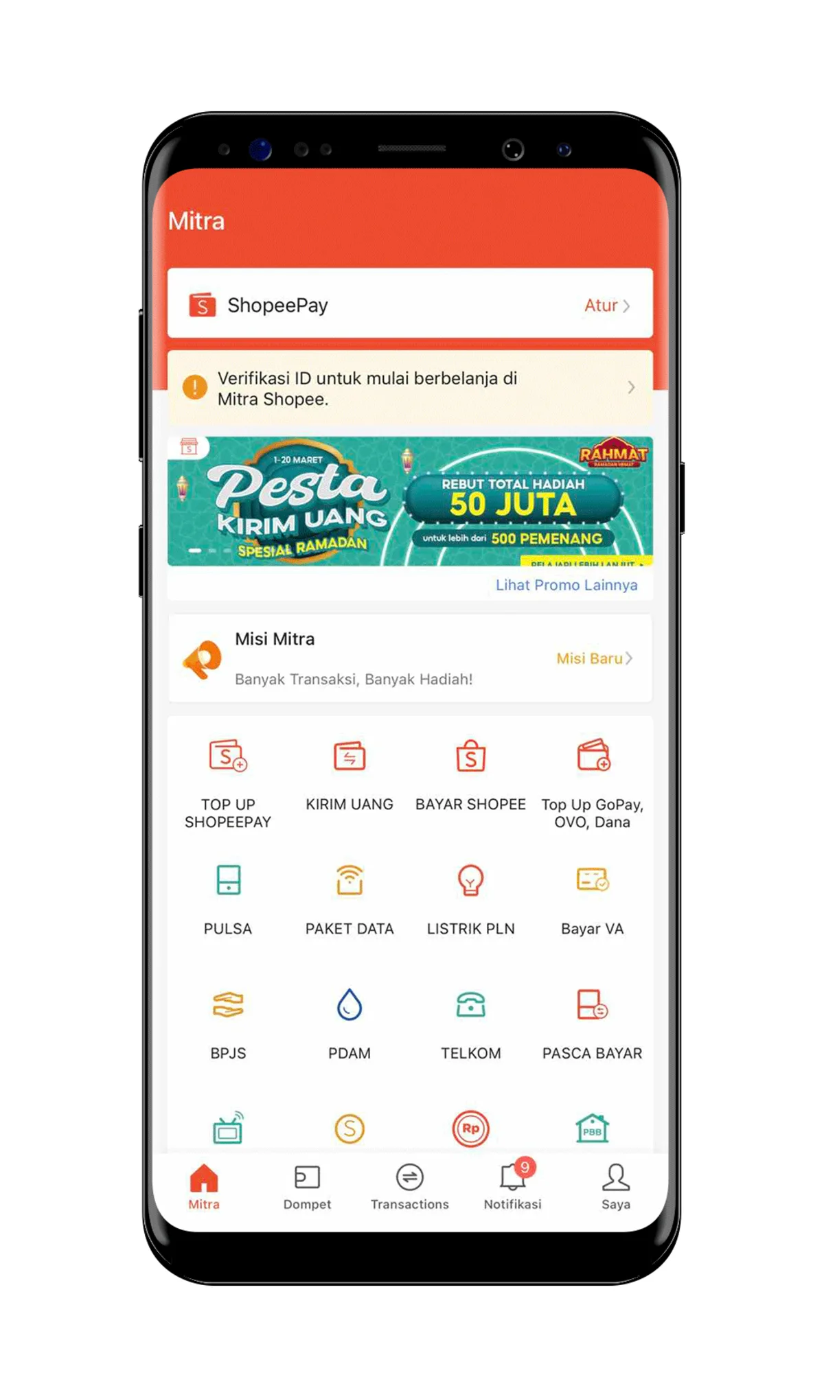 Tampilan layar utama aplikasi Mitra Shopee dengan menu Verifikasi ID dan daftar transaksi