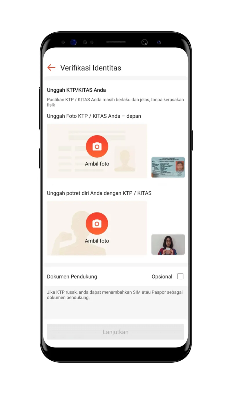 Tampilan layar Verifikasi Identitas aplikasi Mitra Shopee untuk unggah foto KTP/KITAS