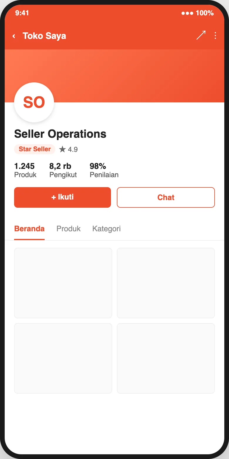 Halaman Toko Saya di aplikasi Shopee menampilkan nama toko Seller Operations di bagian atas layar