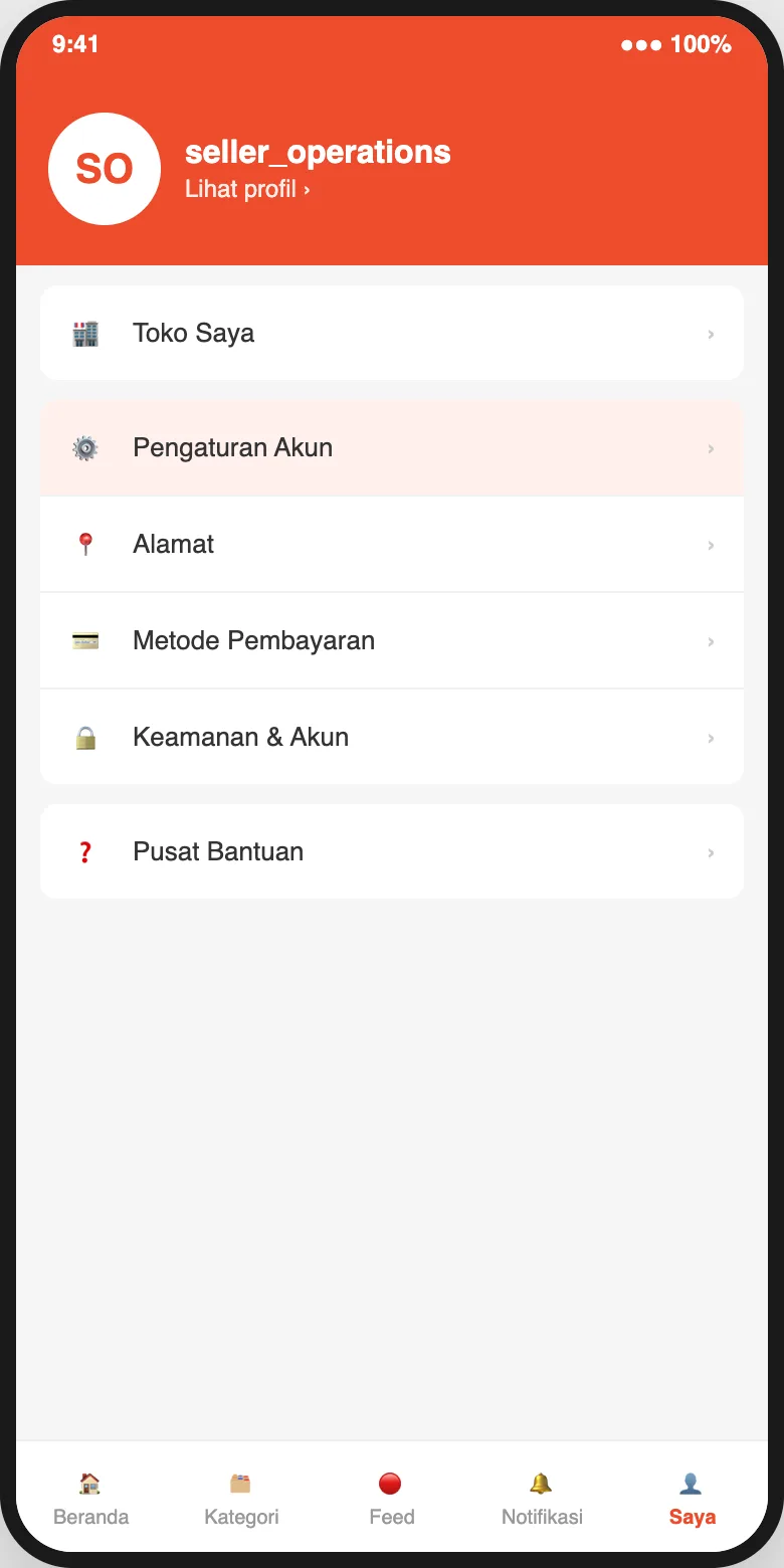 Tampilan tab Saya di aplikasi Shopee dengan menu Pengaturan Akun yang bisa dipilih penjual