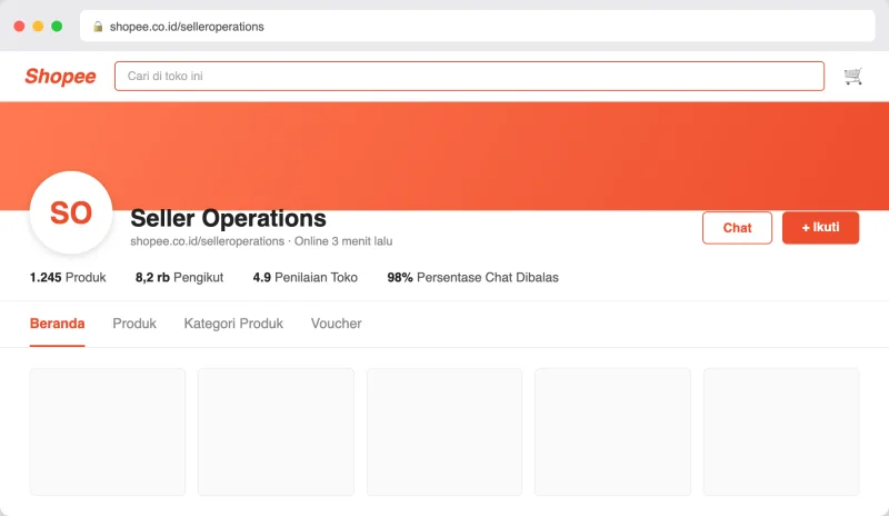 Halaman toko Shopee di situs web menampilkan nama toko Seller Operations dan URL tokonya di bagian atas