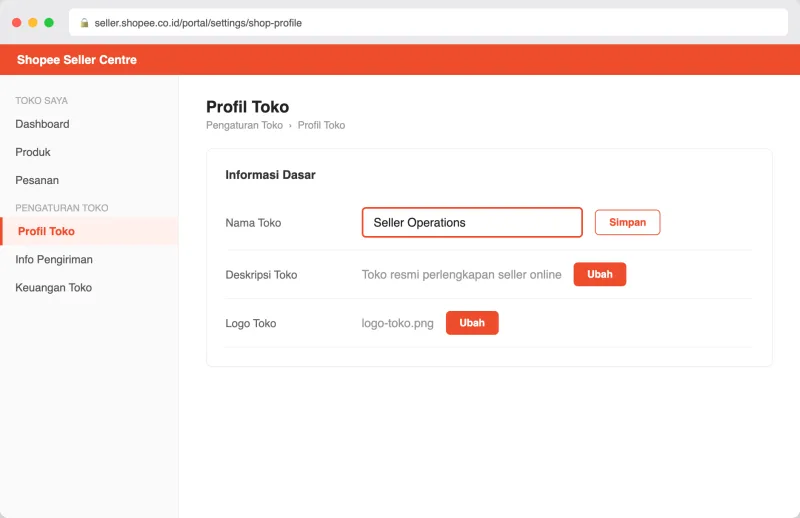 Halaman Profil Toko di Seller Centre menampilkan field Nama Toko dan tombol Ubah untuk menggantinya