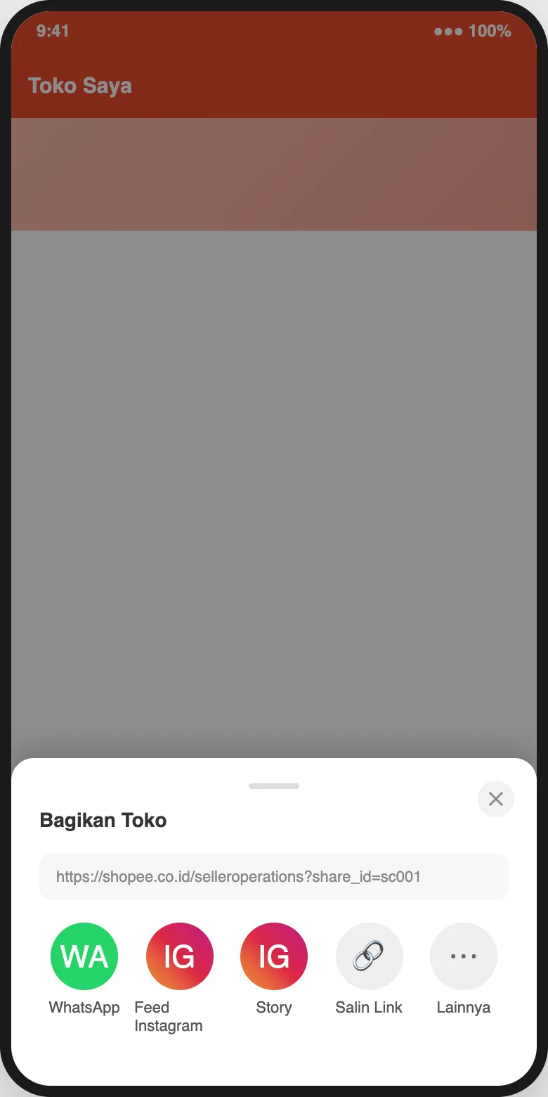 Fitur Share di aplikasi Shopee dengan pilihan WhatsApp, Feed Instagram, dan Story – fitur yang sama dipakai untuk membagikan link toko