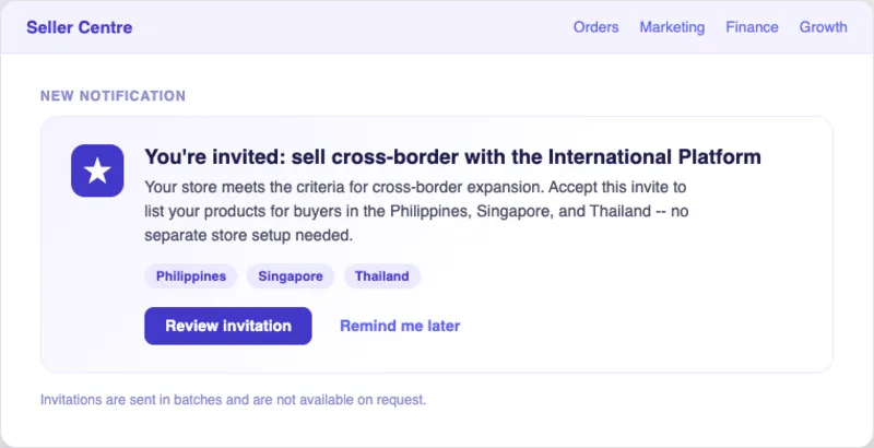 Seller Centre notification inviting a store to join Shopee’s International Platform for the Philippines, Singapore, and Thailand