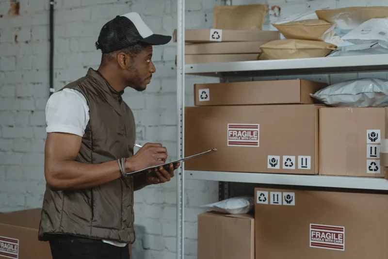 Warehouse worker organizing parcels on shelves, representing the logistics hub cross-border orders pass through