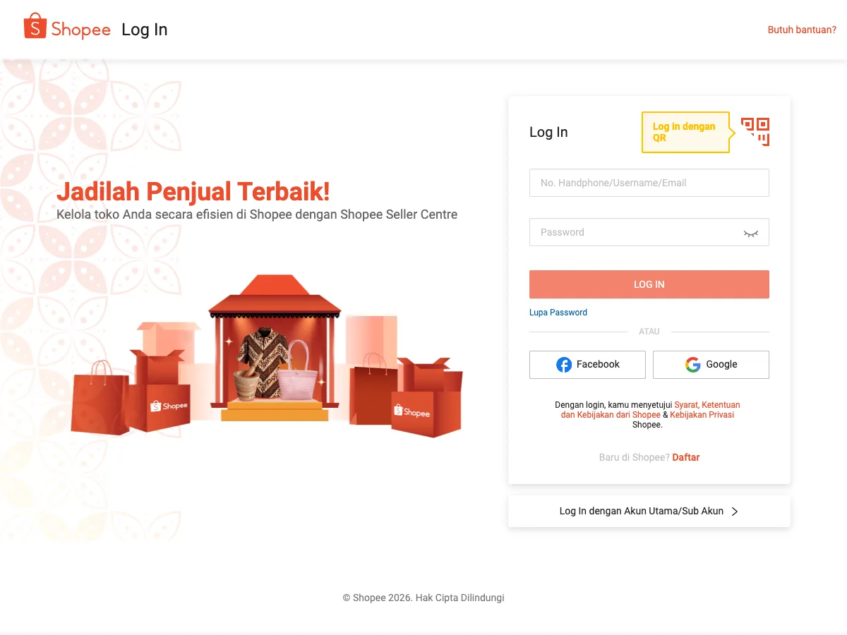 Halaman Log In Shopee Seller Centre dengan judul Jadilah Penjual Terbaik dan formulir masuk akun penjual