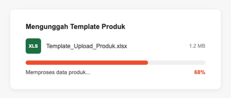 Ilustrasi progres upload file template produk berformat xlsx yang sedang diproses
