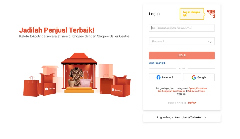 Tampilan halaman Shopee Seller Centre dengan judul Jadilah Penjual Terbaik dan ilustrasi tas belanja bertuliskan Shopee